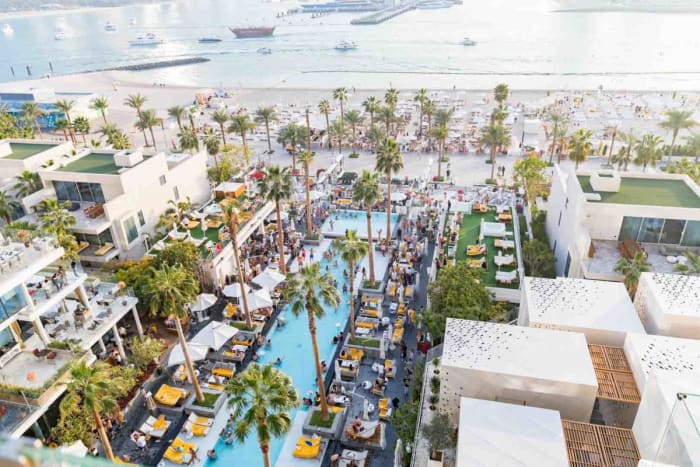 An aerial view of the pool and beach at FIVE Palm Jumeriah.